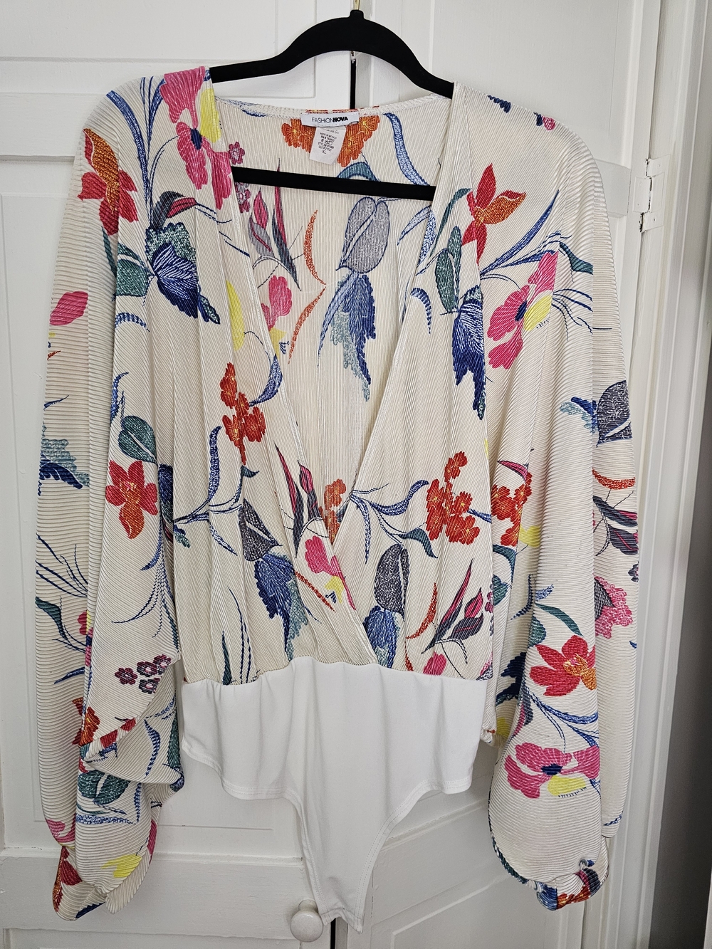 Fashion Nova Cream Floral Wrap Bodysuit with Multicolor Print
